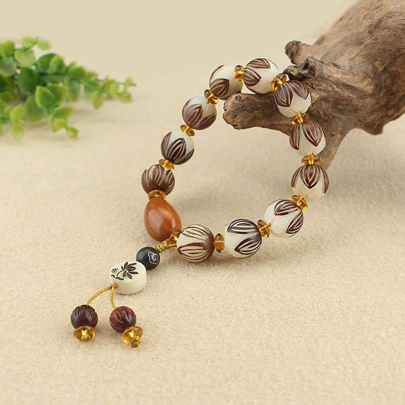 Tibetan Mala White Bodhi Seed & Olive Wood Lotus Meditation Bracelet