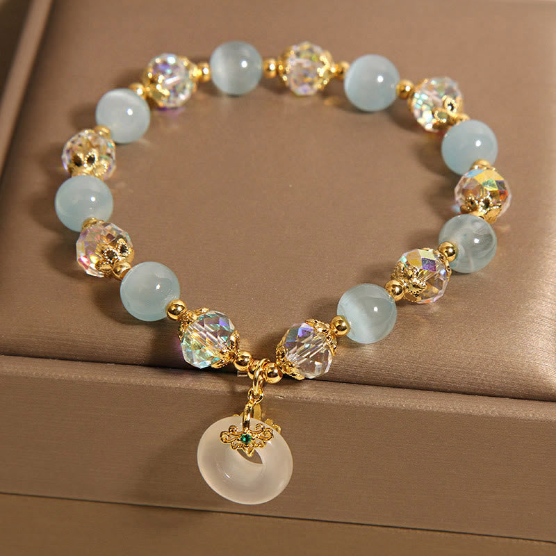 Blue Cat's Eye and Jade Ping An Kou Beaded Bracelet with Clear Quartz