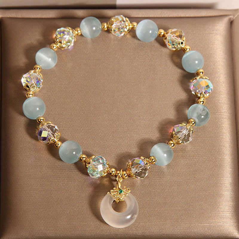 Blue Cat's Eye and Jade Ping An Kou Beaded Bracelet with Clear Quartz