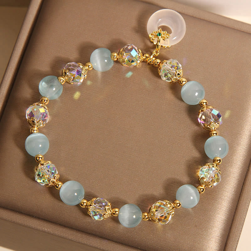 Blue Cat's Eye and Jade Ping An Kou Beaded Bracelet with Clear Quartz