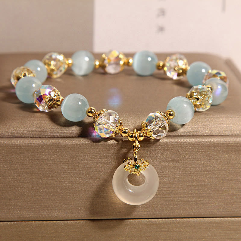 Blue Cat's Eye and Jade Ping An Kou Beaded Bracelet with Clear Quartz