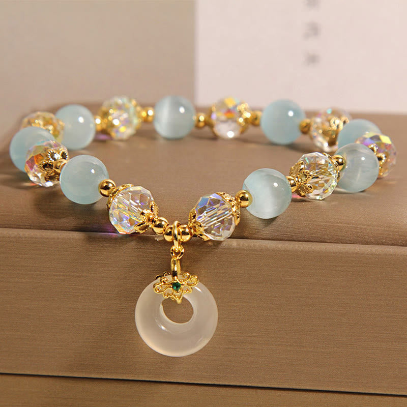 Blue Cat's Eye and Jade Ping An Kou Beaded Bracelet with Clear Quartz
