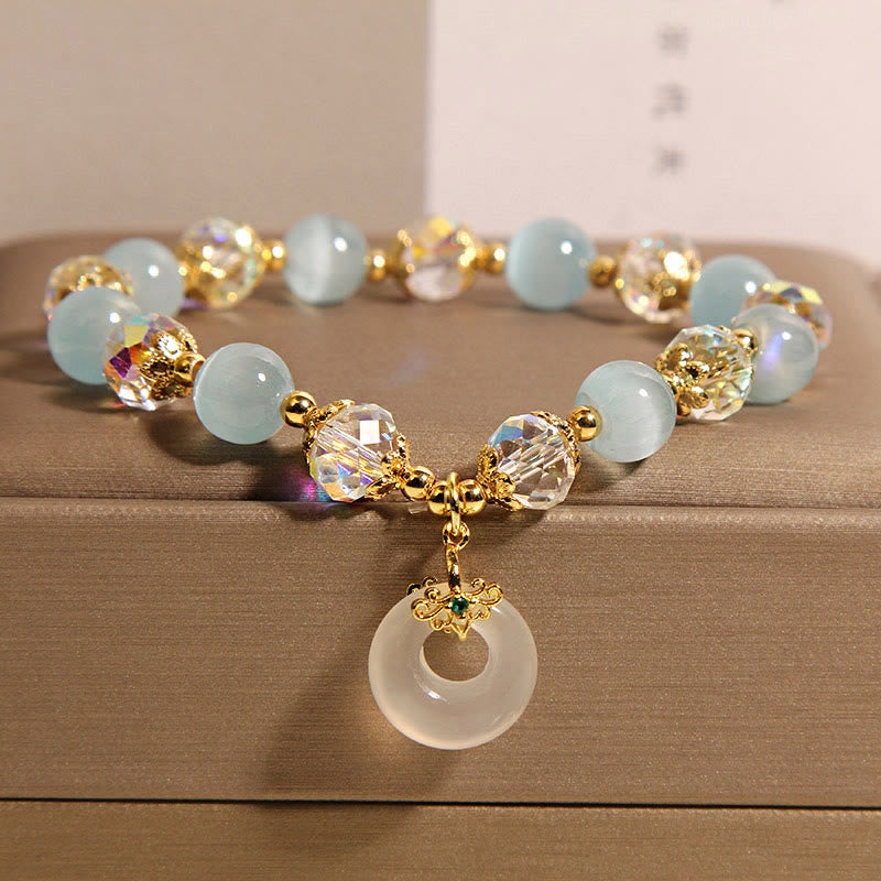 Blue Cat's Eye and Jade Ping An Kou Beaded Bracelet with Clear Quartz