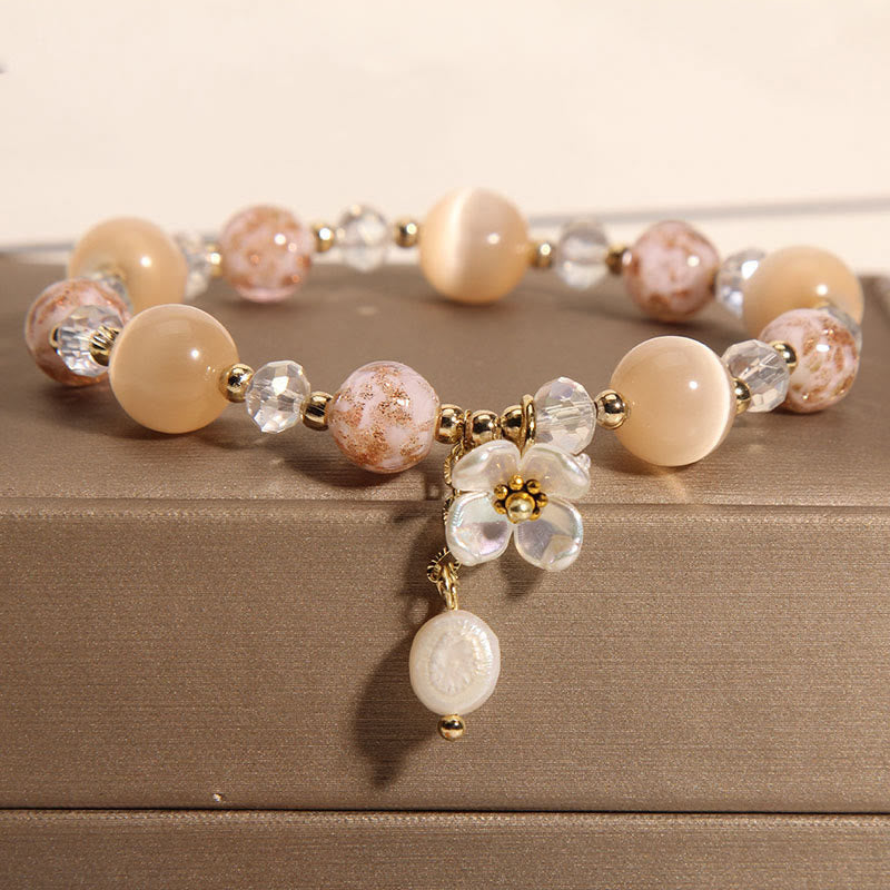Aquamarine Yellow Cat's Eye Stone Flower Peace Bracelet
