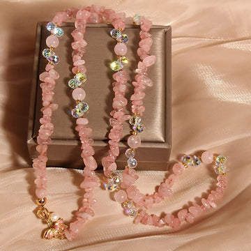 Pink Crystal Botanical Flower Butterfly Pendant Necklace