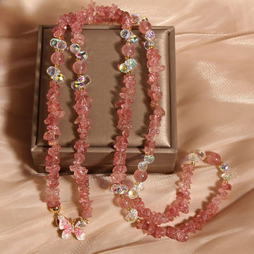 Strawberry Quartz Botanical Flower Butterfly Pendant Necklace