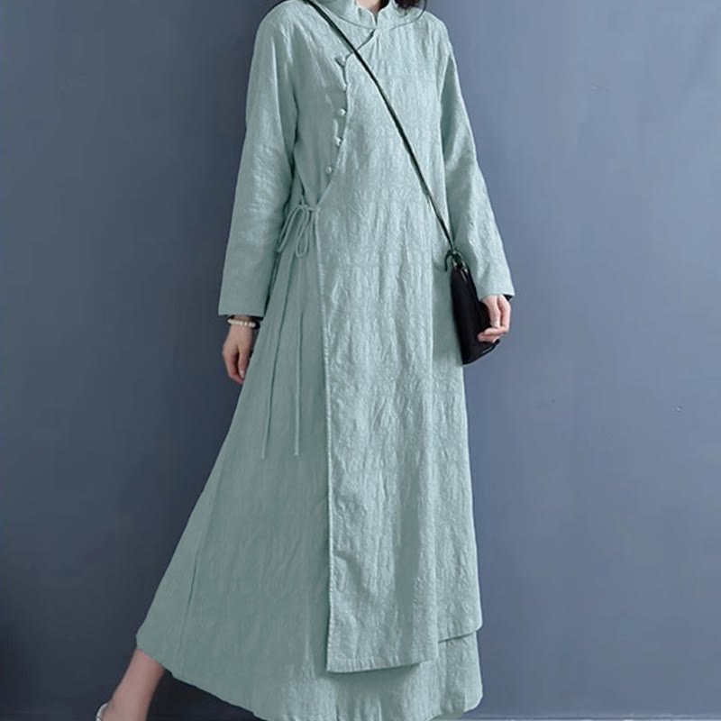 Cotton Linen Frog-Button Side-Tie Mindful Midi Dress
