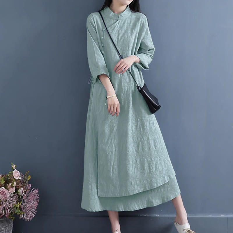 Cotton Linen Frog-Button Side-Tie Mindful Midi Dress