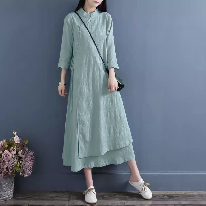 Cotton Linen Frog-Button Side-Tie Mindful Midi Dress
