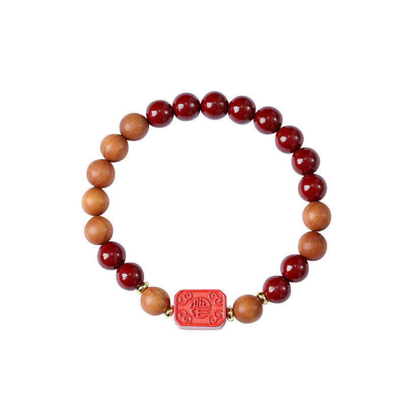 Handcrafted Sandalwood and Cinnabar Beaded Bracelet with Lotus or Fu Charm