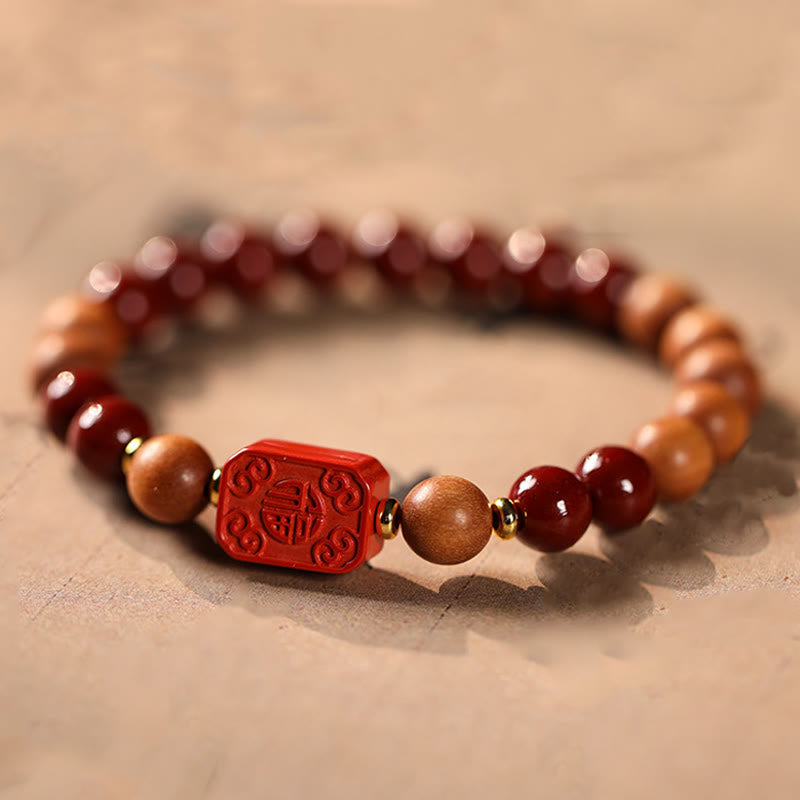 Handcrafted Sandalwood and Cinnabar Beaded Bracelet with Lotus or Fu Charm