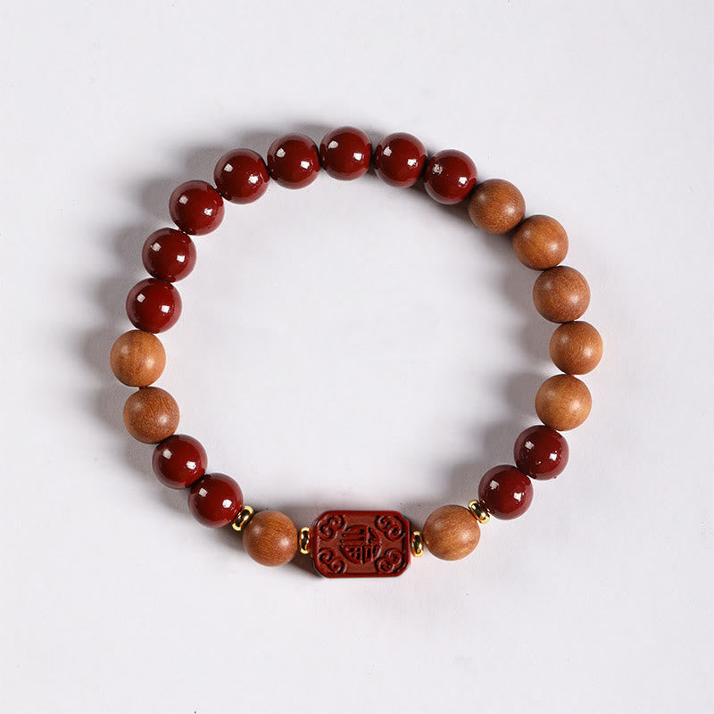 Handcrafted Sandalwood and Cinnabar Beaded Bracelet with Lotus or Fu Charm