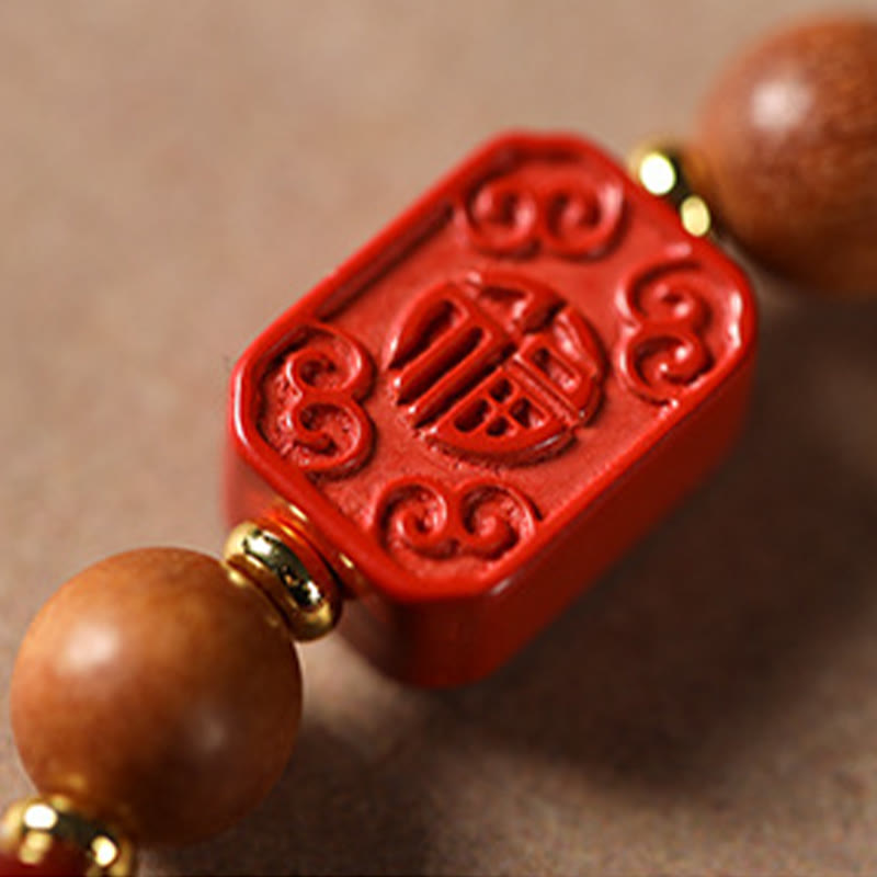 Handcrafted Sandalwood and Cinnabar Beaded Bracelet with Lotus or Fu Charm