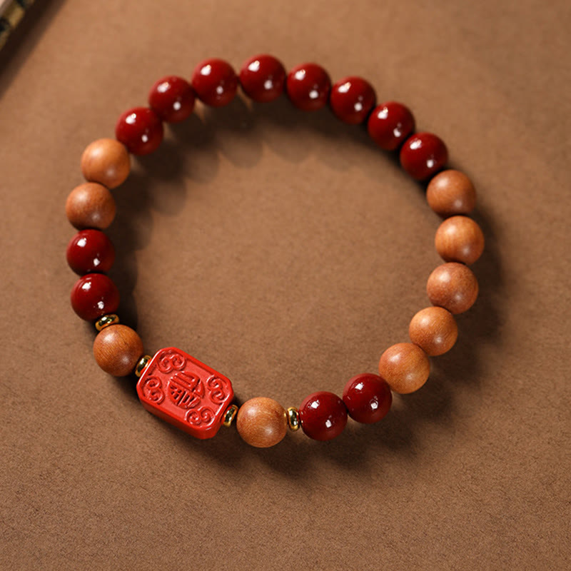 Handcrafted Sandalwood and Cinnabar Beaded Bracelet with Lotus or Fu Charm