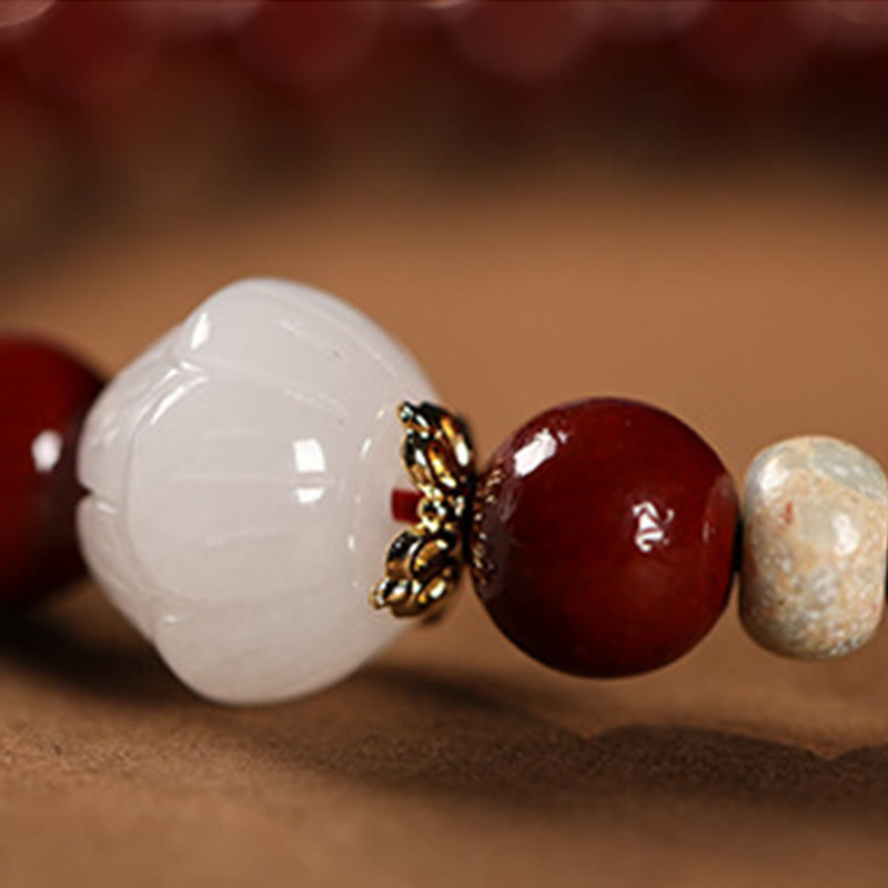 Handcrafted Sandalwood and Cinnabar Beaded Bracelet with Lotus or Fu Charm