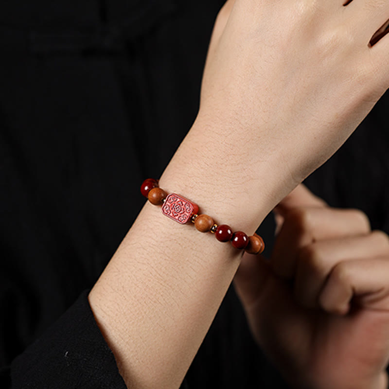 Handcrafted Sandalwood and Cinnabar Beaded Bracelet with Lotus or Fu Charm