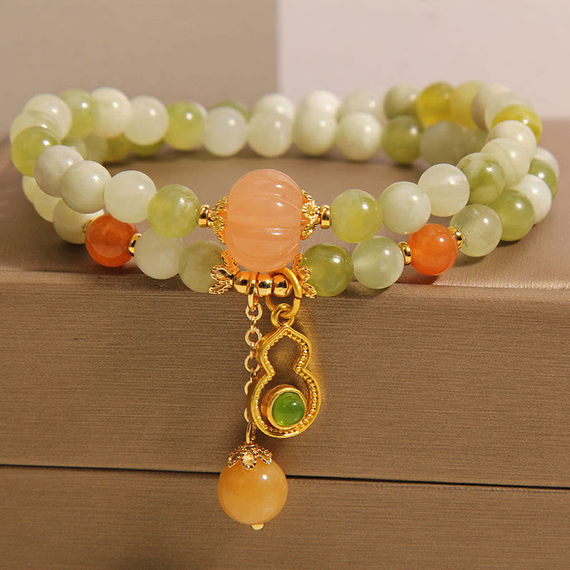Double Wrap Green Grape Serpentine Jade Wu Lou Gourd Beaded Bracelet