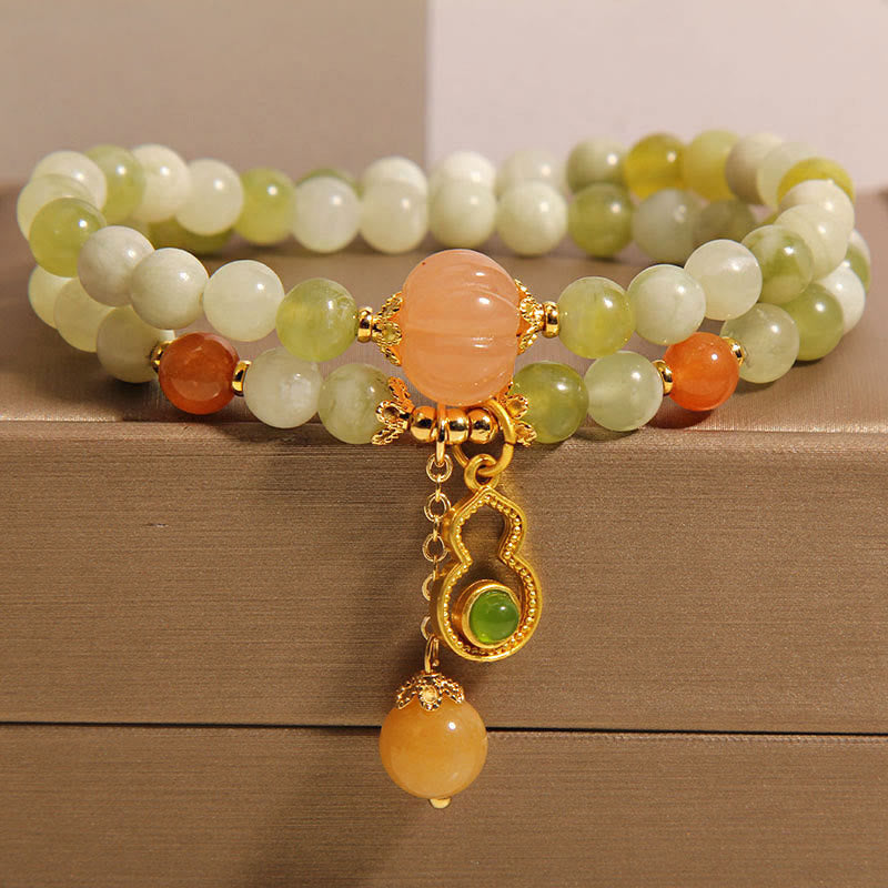 Double Wrap Green Grape Serpentine Jade Wu Lou Gourd Beaded Bracelet