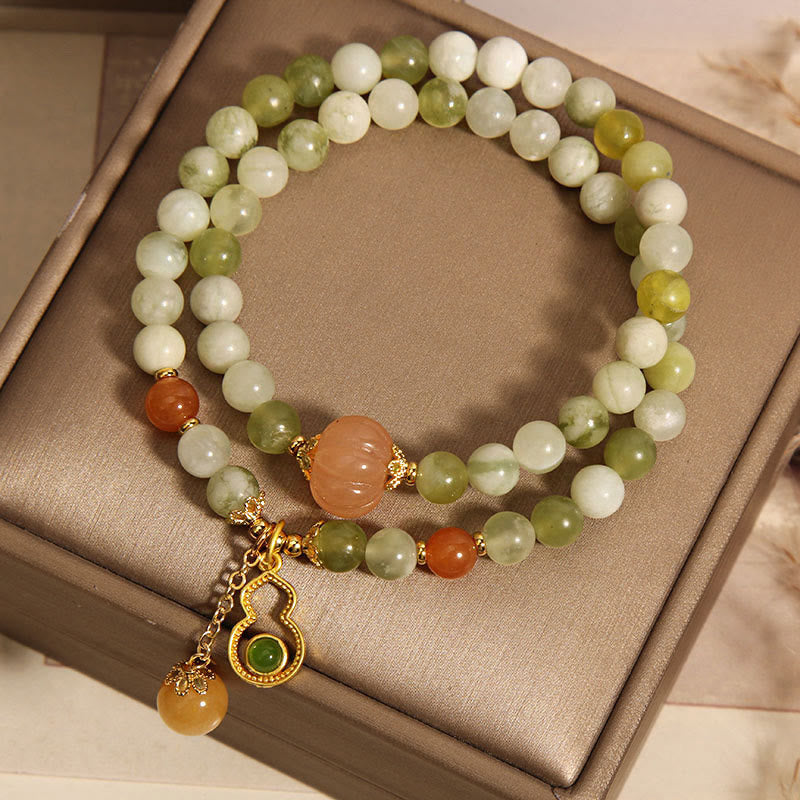 Double Wrap Green Grape Serpentine Jade Wu Lou Gourd Beaded Bracelet