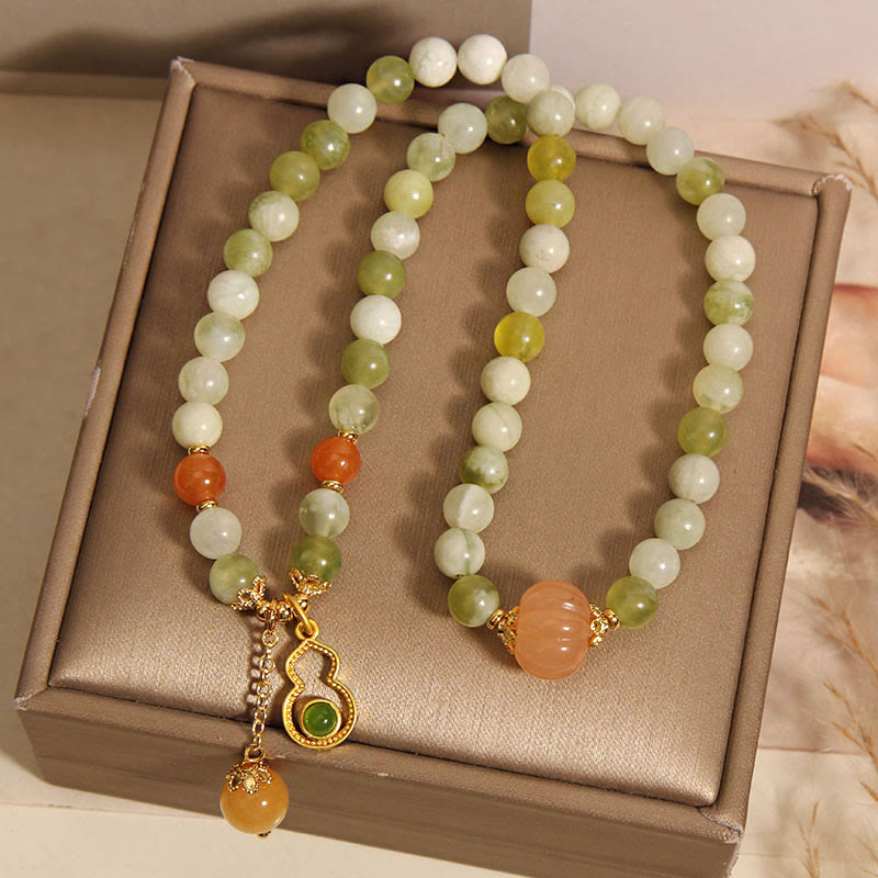 Double Wrap Green Grape Serpentine Jade Wu Lou Gourd Beaded Bracelet