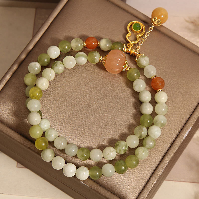 Double Wrap Green Grape Serpentine Jade Wu Lou Gourd Beaded Bracelet