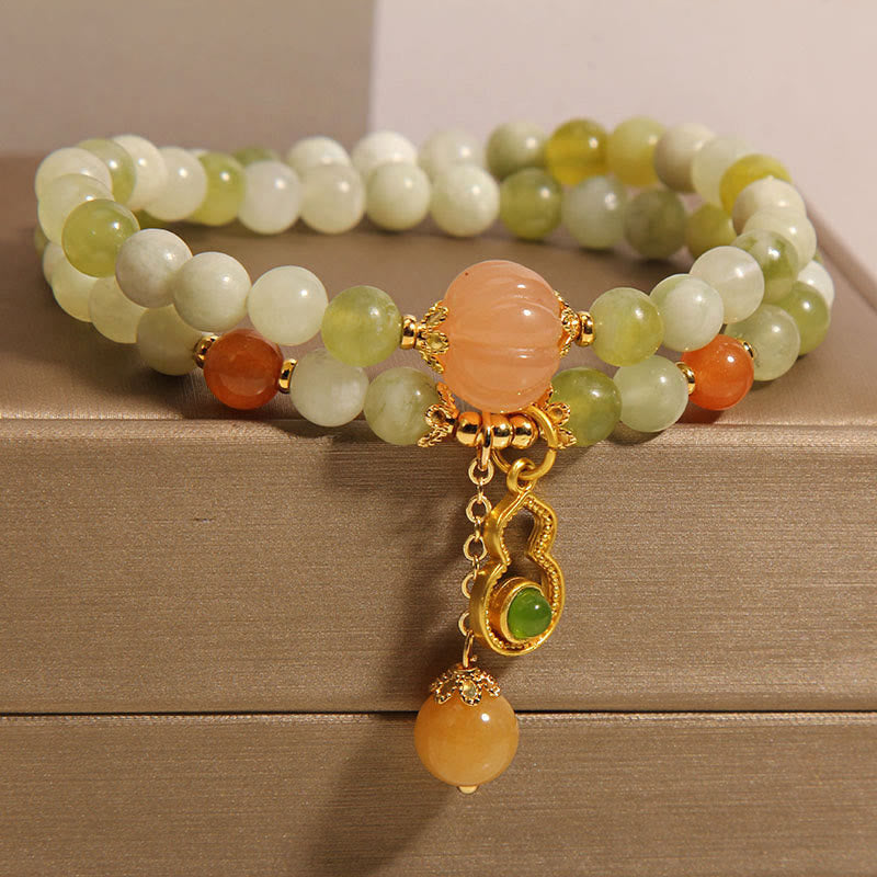 Double Wrap Green Grape Serpentine Jade Wu Lou Gourd Beaded Bracelet