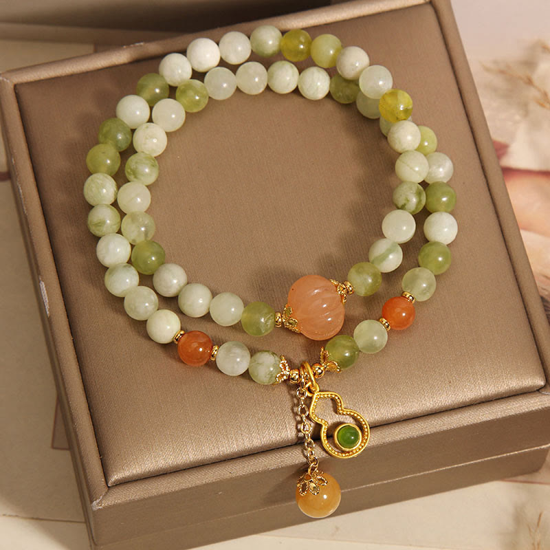 Double Wrap Green Grape Serpentine Jade Wu Lou Gourd Beaded Bracelet