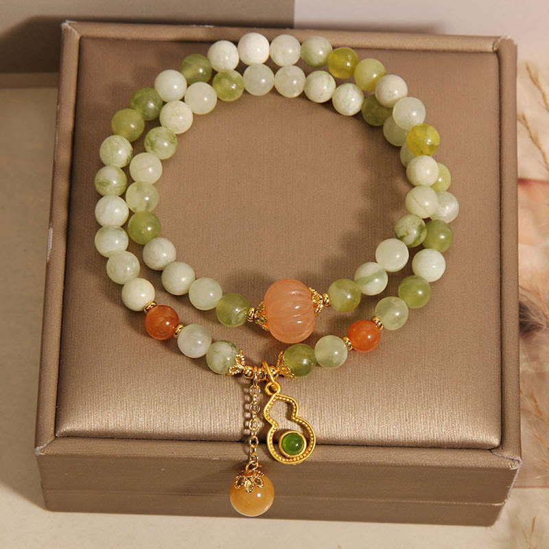 Double Wrap Green Grape Serpentine Jade Wu Lou Gourd Beaded Bracelet