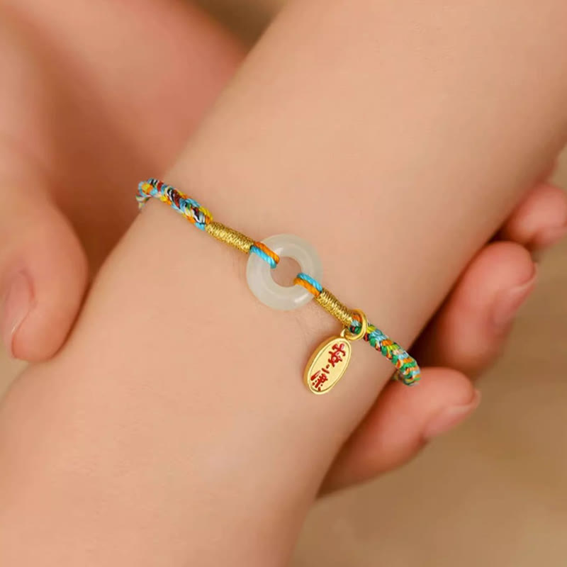 Handmade Peace Buckle Jade Prosperity 925 Sterling Silver Colorful Rope Bracelet