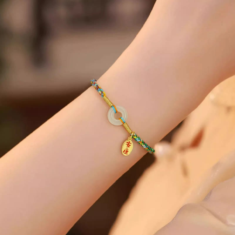 Handmade Peace Buckle Jade Prosperity 925 Sterling Silver Colorful Rope Bracelet
