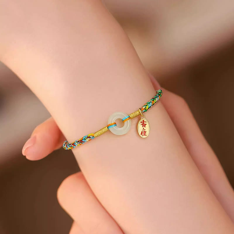 Handmade Peace Buckle Jade Prosperity 925 Sterling Silver Colorful Rope Bracelet