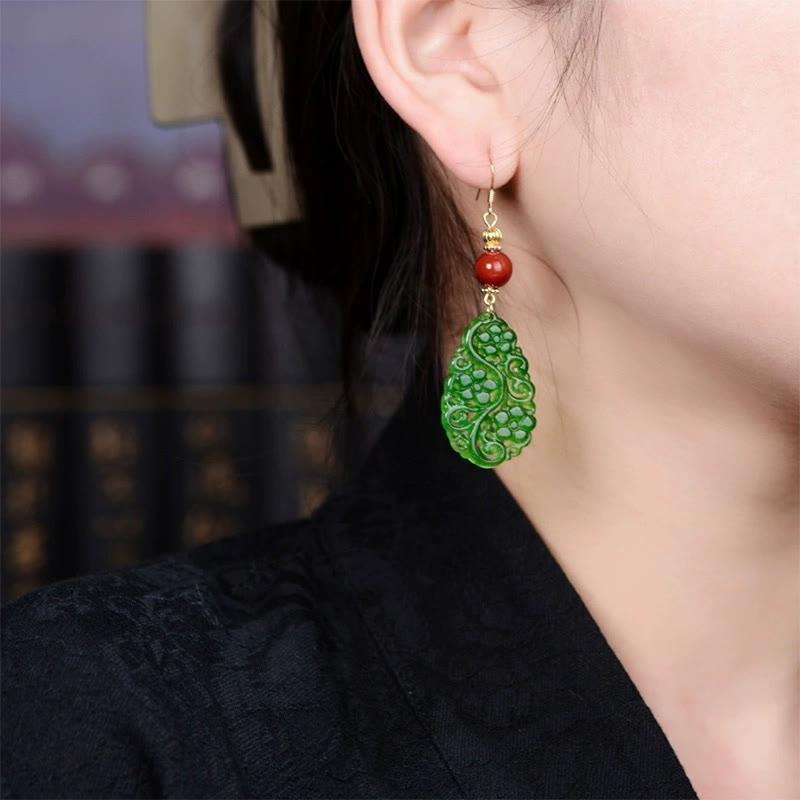 Water Droplet Hollow Shape Jade Red Agate 925 Sterling Silver Luck Earrings