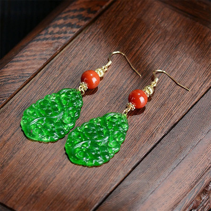 Water Droplet Hollow Shape Jade Red Agate 925 Sterling Silver Luck Earrings