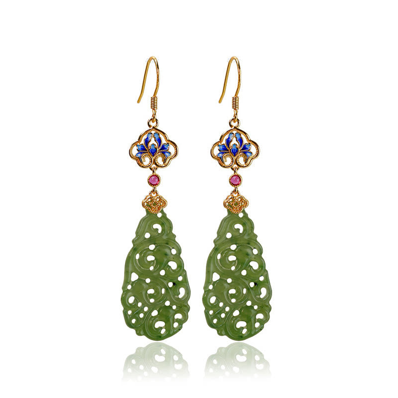 Hollow Hetian Jade and Enamel 925 Sterling Silver Hand-Finished Earrings