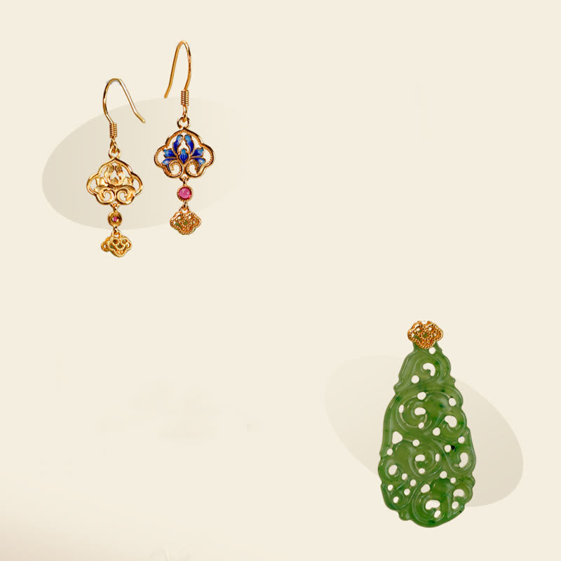 Hollow Hetian Jade and Enamel 925 Sterling Silver Hand-Finished Earrings