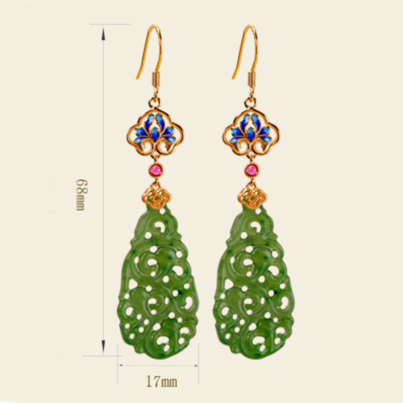 Hollow Hetian Jade and Enamel 925 Sterling Silver Hand-Finished Earrings