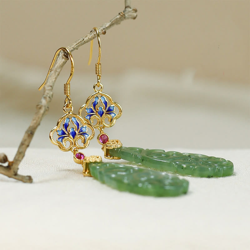Hollow Hetian Jade and Enamel 925 Sterling Silver Hand-Finished Earrings