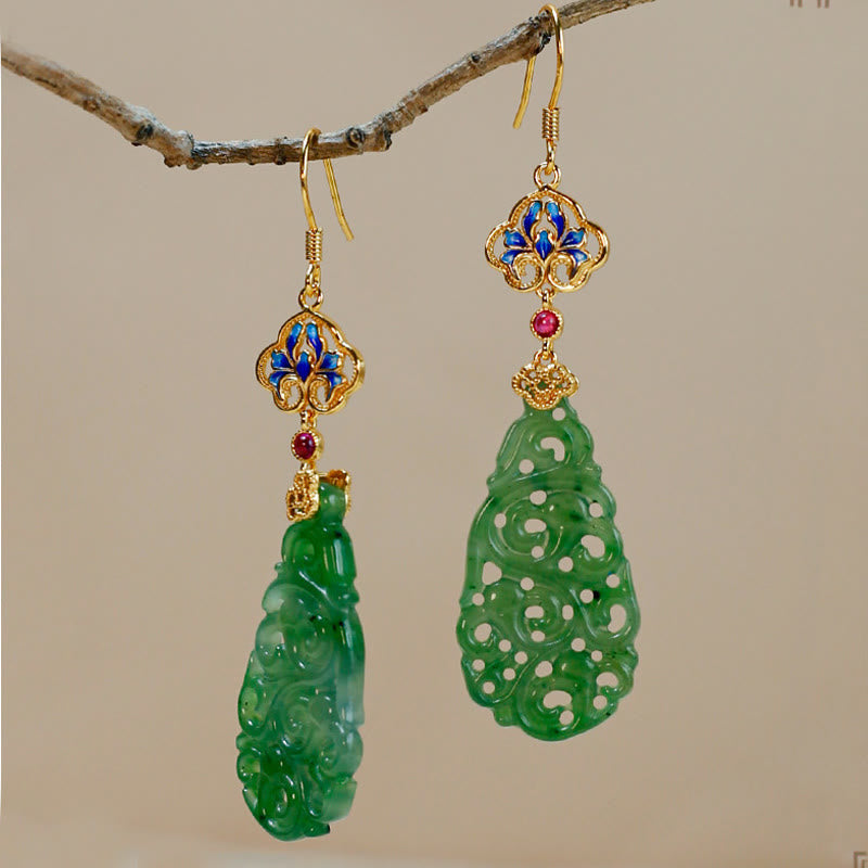 Hollow Hetian Jade and Enamel 925 Sterling Silver Hand-Finished Earrings