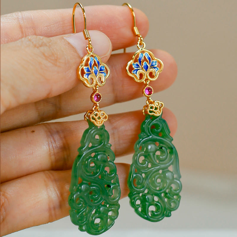 Hollow Hetian Jade and Enamel 925 Sterling Silver Hand-Finished Earrings