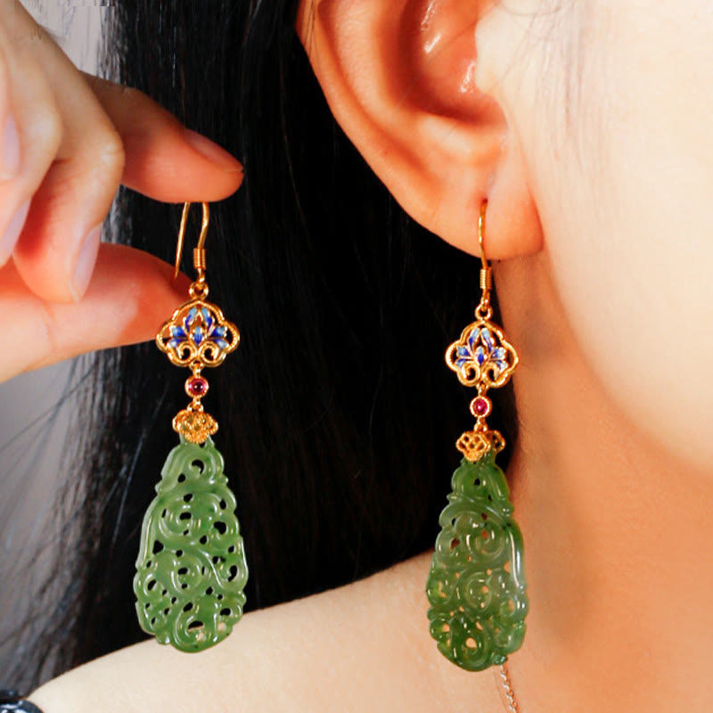 Hollow Hetian Jade and Enamel 925 Sterling Silver Hand-Finished Earrings