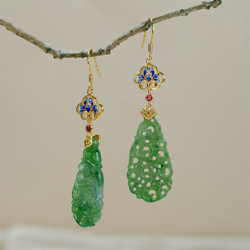 Hollow Hetian Jade and Enamel 925 Sterling Silver Hand-Finished Earrings