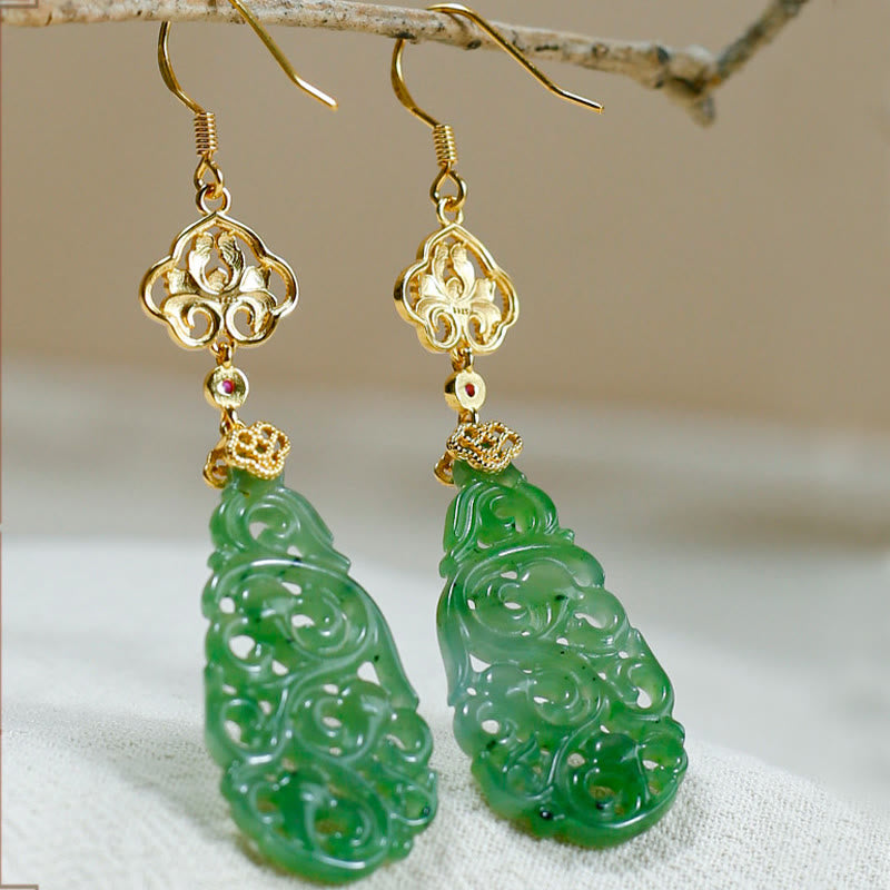 Hollow Hetian Jade and Enamel 925 Sterling Silver Hand-Finished Earrings