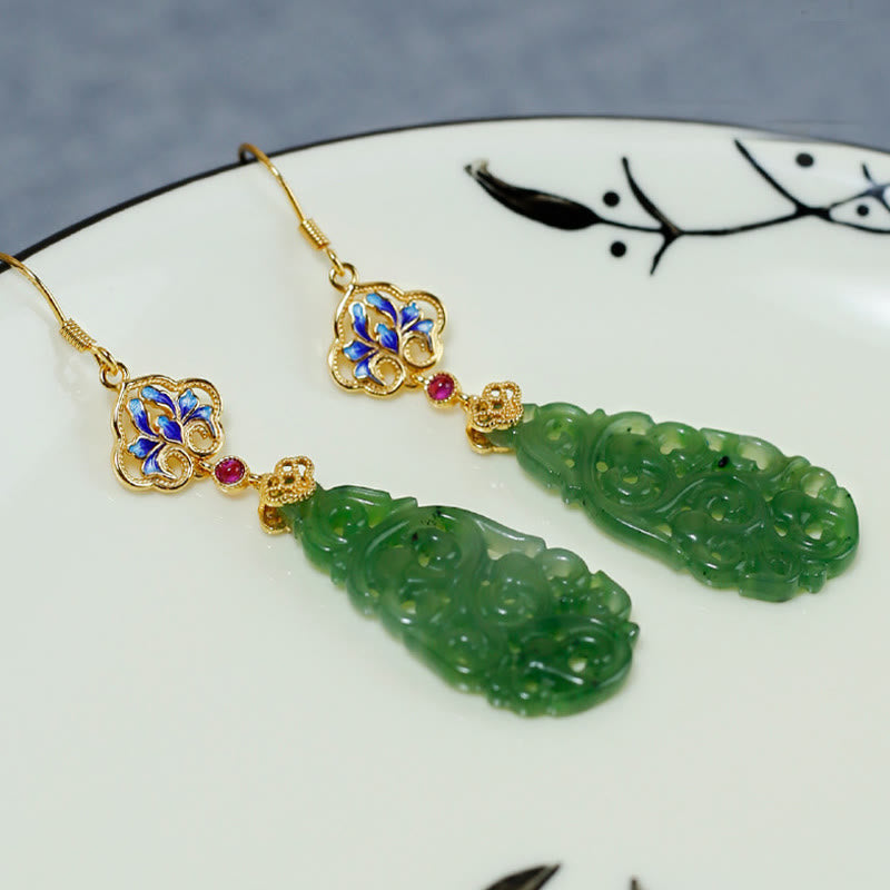 Hollow Hetian Jade and Enamel 925 Sterling Silver Hand-Finished Earrings