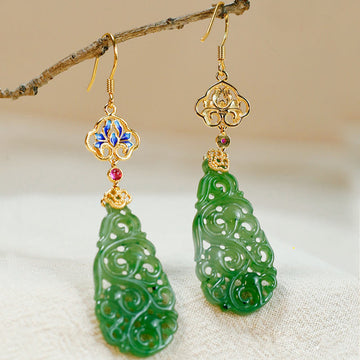 Hollow Hetian Jade and Enamel 925 Sterling Silver Hand-Finished Earrings