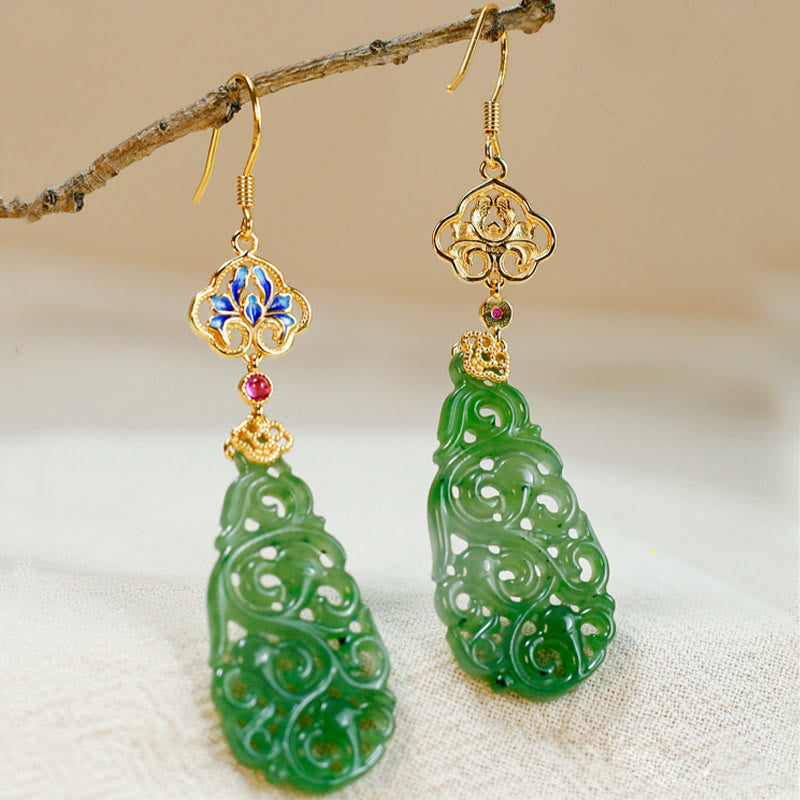 Hollow Hetian Jade and Enamel 925 Sterling Silver Hand-Finished Earrings