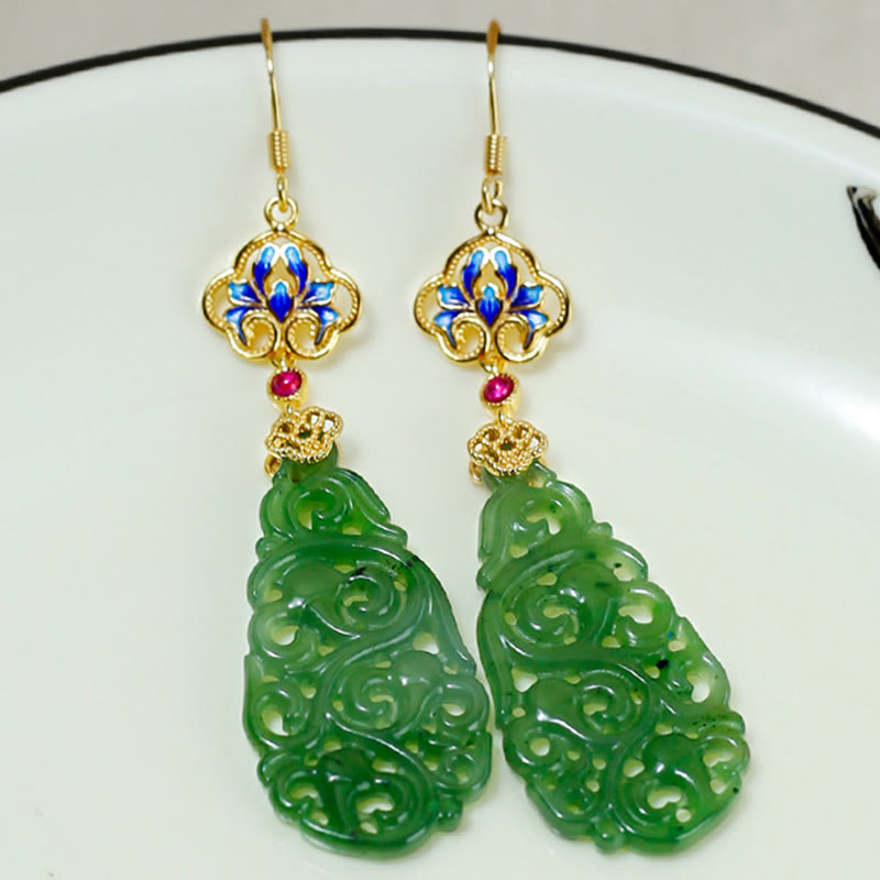 Hollow Hetian Jade and Enamel 925 Sterling Silver Hand-Finished Earrings