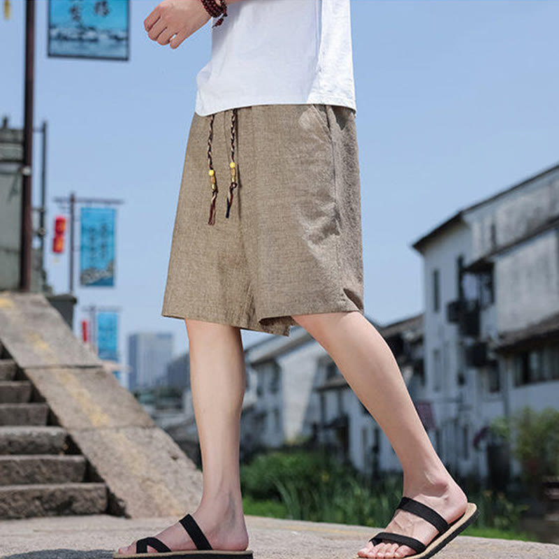 Weaving Waist Rope Beads Cropped Linen Men's Shorts With Pockets
