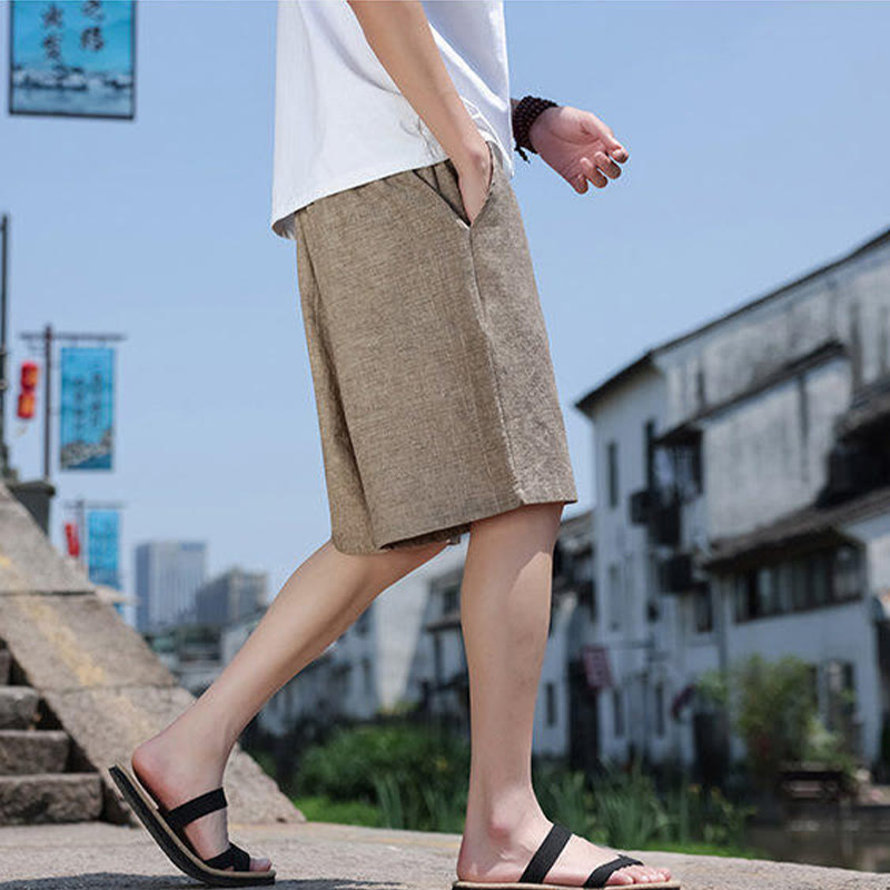 Weaving Waist Rope Beads Cropped Linen Men's Shorts With Pockets