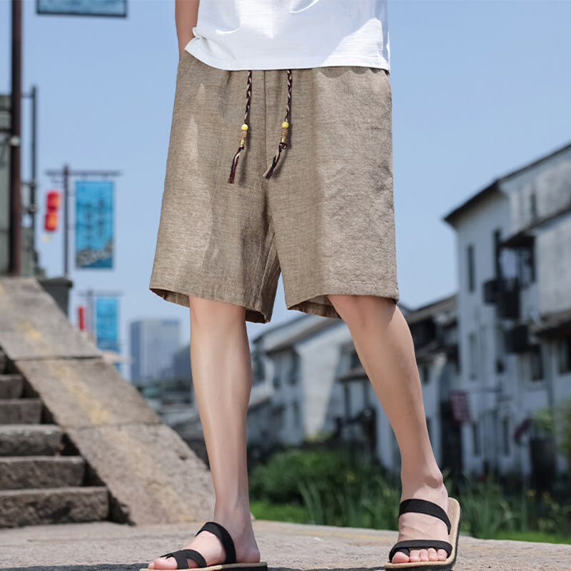 Weaving Waist Rope Beads Cropped Linen Men's Shorts With Pockets