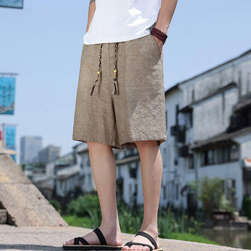 Weaving Waist Rope Beads Cropped Linen Men's Shorts With Pockets